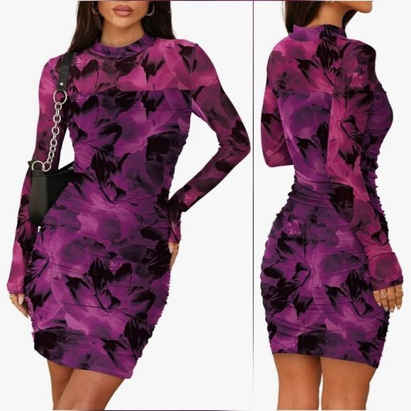 🔸️NWT Fuchsia Floral Bodycon Long Sleeve Dress Small - Picture 2 of 11